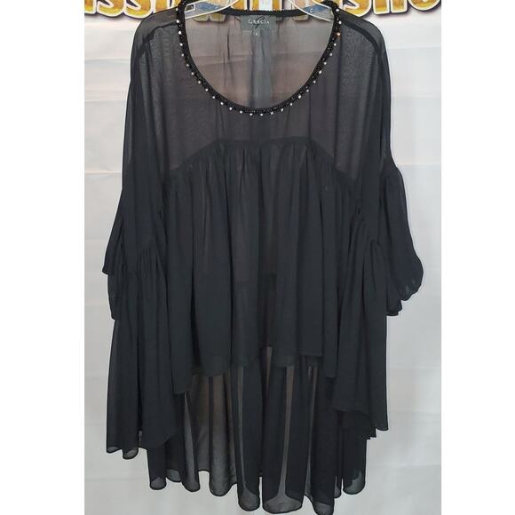 Gracia Black Sheer Hi-Low Blouse with Beaded Neckline Size L - Picture 1 of 7
